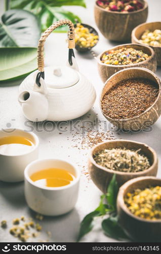 Assortment of dry tea in coconut bowls. Tea types backgound