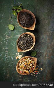 Assortment of dry tea. Tea composition with different kind of tea. Tea concept.