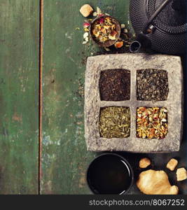 Assortment of dry tea. Tea composition with different kind of tea. Tea concept.