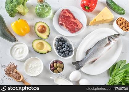 Assortment of foods for ketogenic diet flat lay