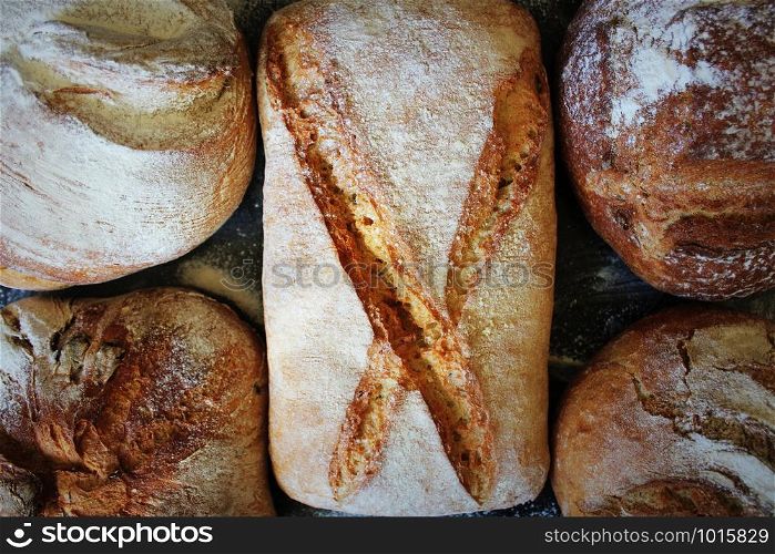 Assortment of fresh bread on black background. Concept of cooking, successful businessman or start up. Assortment of fresh bread on black background. Concept of cooking, successful businessman or start up.