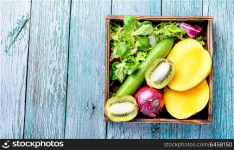 Assortment of fresh fruits and vegetables. Composition with different fruits and vegetables. Detox diet.Organic food