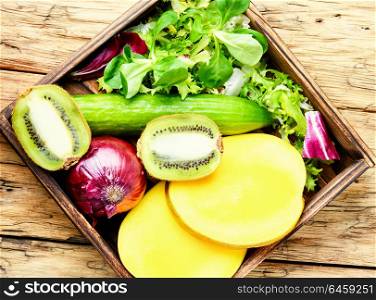 Assortment of fresh fruits and vegetables. Composition with fresh fruits and vegetables. Detox diet.Organic food