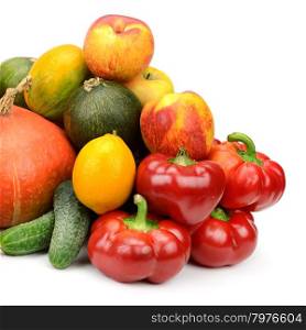 assortment of fresh fruits and vegetables isolated on white background