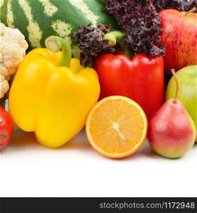 Assortment of fruits and vegetables isolated on white background.
