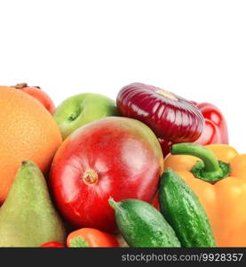 Assortment of fruits and vegetables isolated on white background. Free space for text.