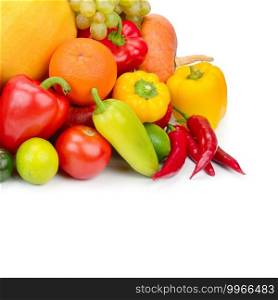Assortment of fruits and vegetables isolated on white background. Free space for text.