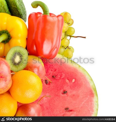 Assortment of fruits and vegetables isolated on white background. Healthy organic food.