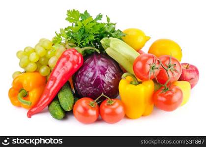 Assortment of fruits and vegetables isolated on white background. Organic healthy food.