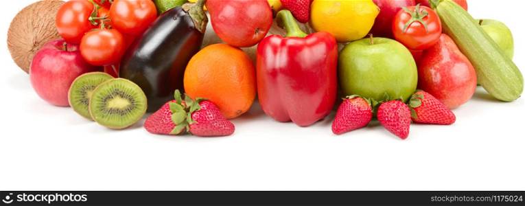 Assortment of fruits and vegetables isolated on white background. Wide photo