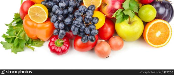 Assortment of fruits and vegetables isolated on white background. Wide photo.