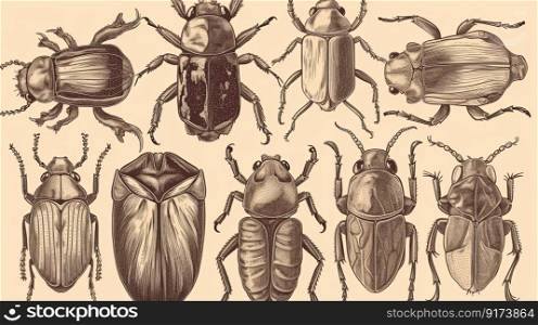 Assortment of hand drawn insects, including beetles. Unique and artistic collection by generative AI