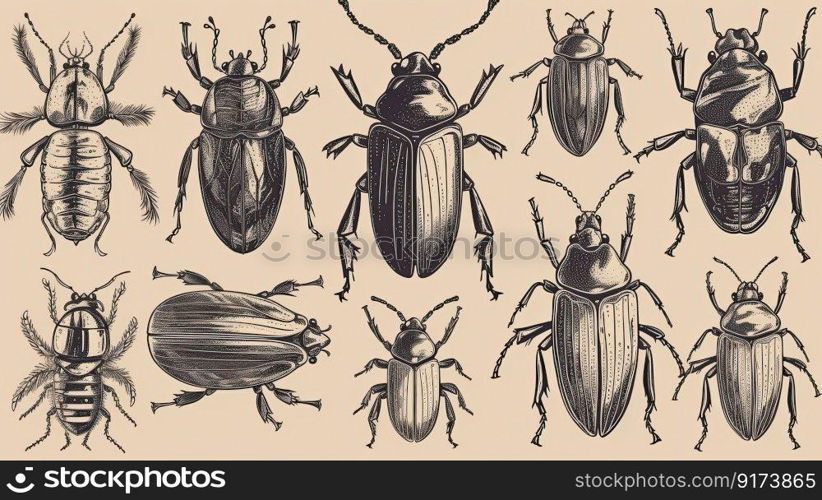 Assortment of hand drawn insects, including beetles. Unique and artistic collection by generative AI