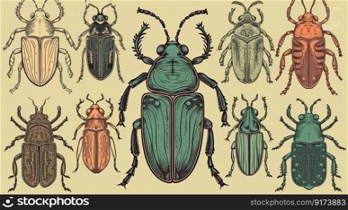 Assortment of hand drawn insects, including beetles. Unique and artistic collection by generative AI