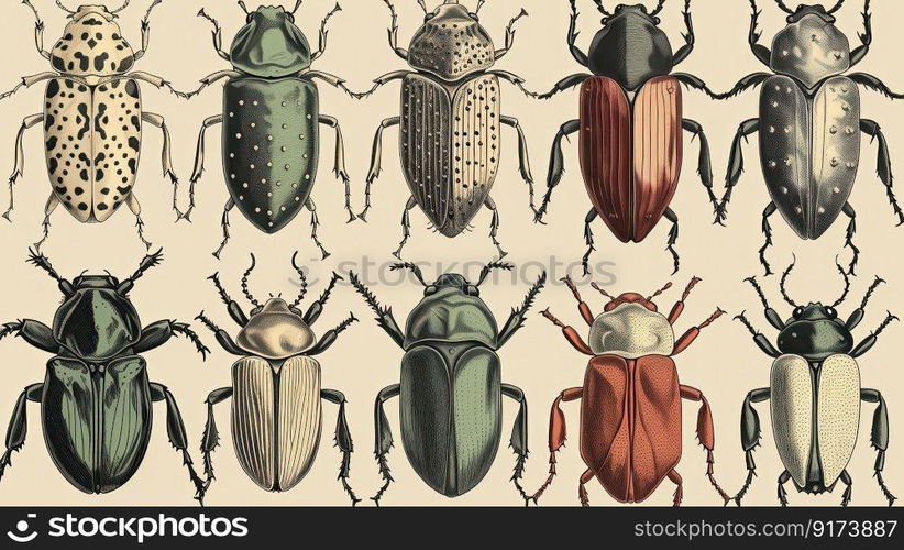 Assortment of hand drawn insects, including beetles. Unique and artistic collection by generative AI