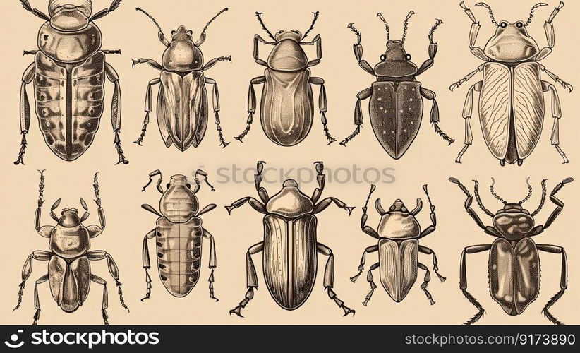 Assortment of hand drawn insects, including beetles. Unique and artistic collection by generative AI