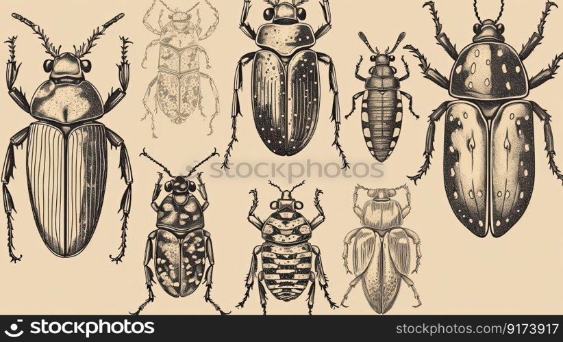 Assortment of hand drawn insects, including beetles. Unique and artistic collection by generative AI