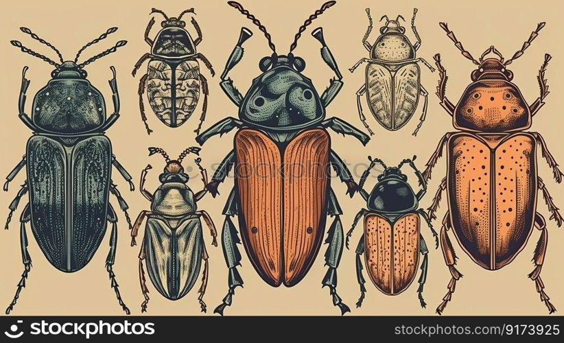 Assortment of hand drawn insects, including beetles. Unique and artistic collection by generative AI