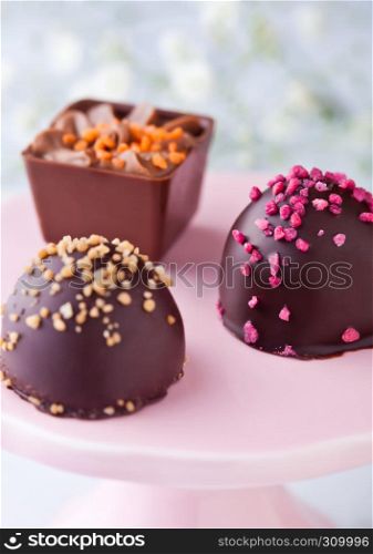 Assortment of luxury milk and dark chocolate candies variety on flowers background