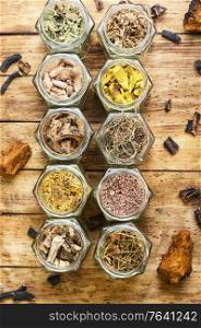 Assortment of medicinal herbs,roots and bark.Dried herbs for use in alternative medicine. Natural medicine,herbs and root