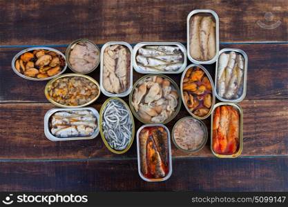 Assortment of open tin cans for a healthy dinner