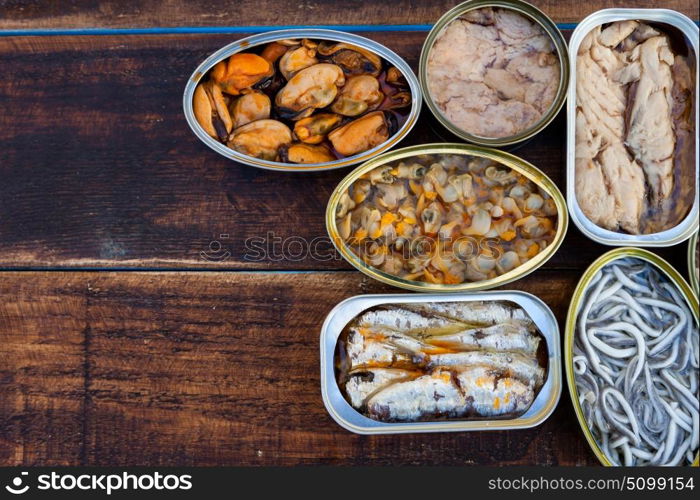 Assortment of open tin cans for a healthy dinner