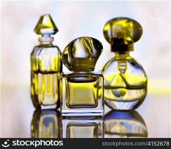 assortment of perfume bottles , close up