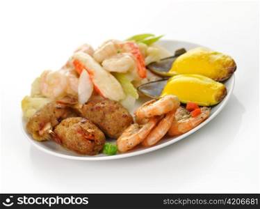assortment of seafood on a white plate