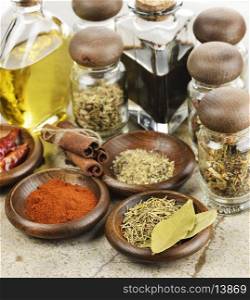 Assortment Of Spices Cooking Oil And Vinegar