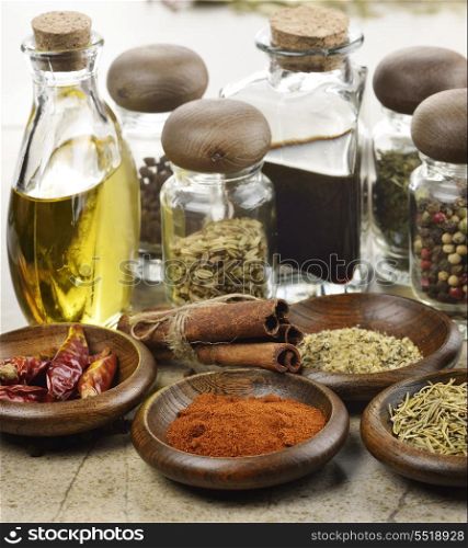 Assortment Of Spices Cooking Oil And Vinegar