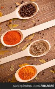 Assortment of spices in the spoons for prepare tasty food in the wooden background