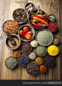 Assortment of spices in wooden bowl background