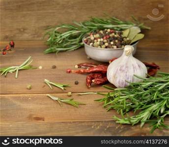 Assortment Of Spices On A Wooden Background