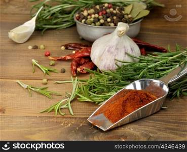Assortment Of Spices On A Wooden Background