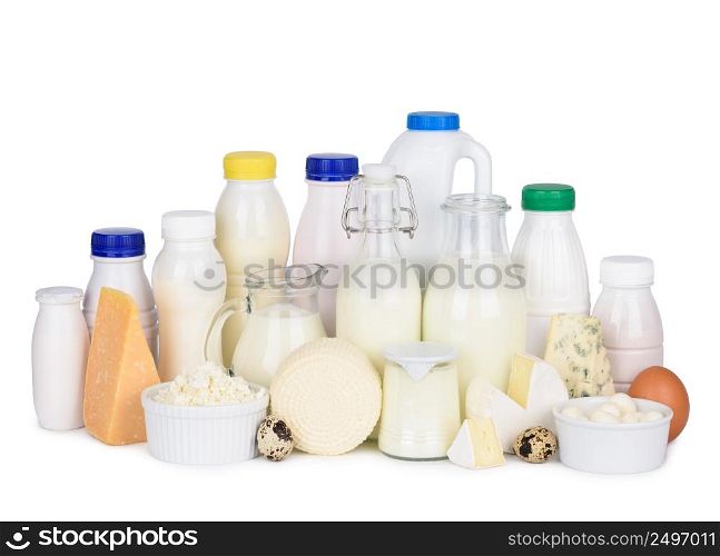 Assortment of various dairy products cheese milk and eggs isolated on white background