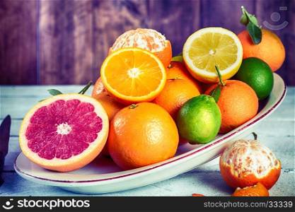 Assortment on a tray fresh seasonal fruit acid