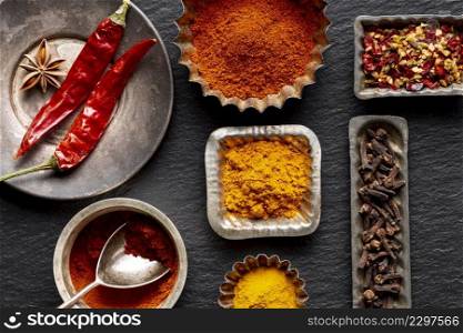 assortment spices with clove chili peppers