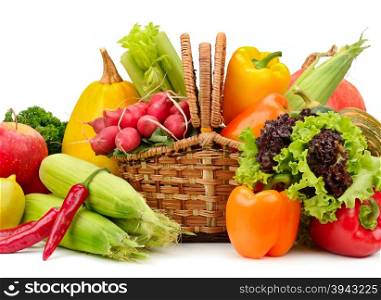 assortment vegetables and fruits in basket isolated on white background