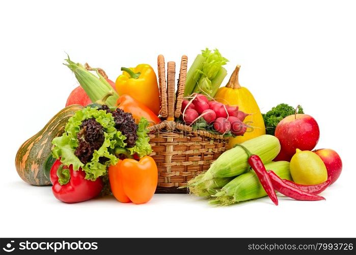 assortment vegetables and fruits in basket isolated on white background