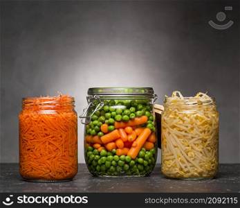 assortment vegetables pickled glass jars