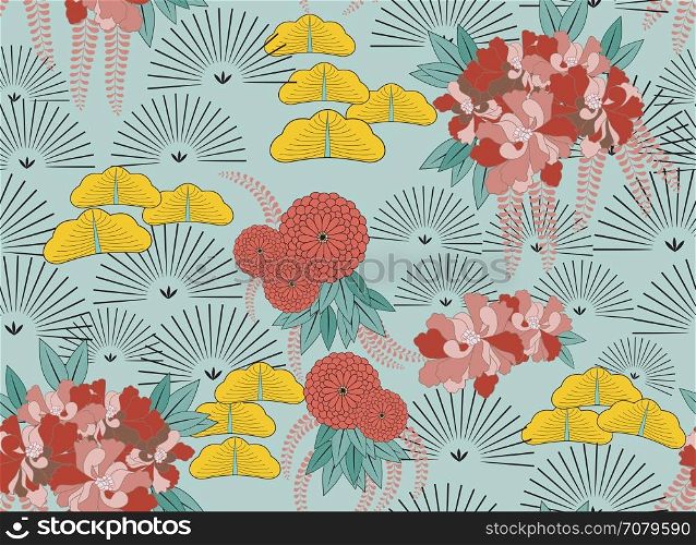 Aster flower Japanese garden green.Hand drawn floral seamless background.Botanical repainting design for fabric or textile.Seamless pattern with flowers.Vintage retro colors
