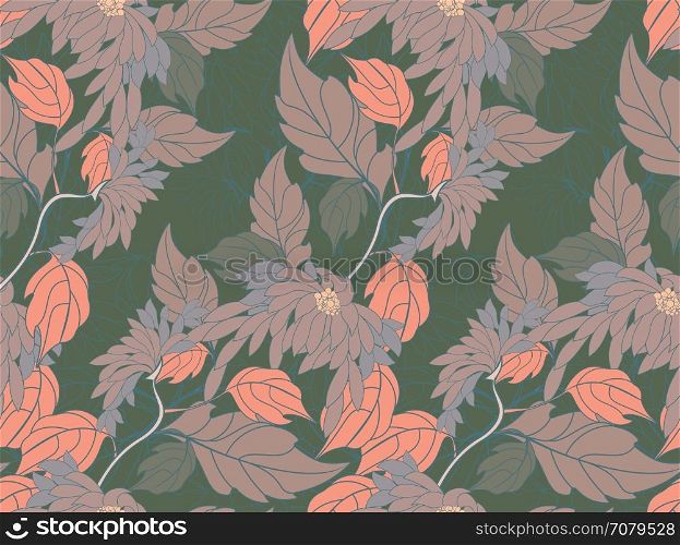 Aster flowers on vine diagonal with pink.Hand drawn floral seamless background.Botanical repainting design for fabric or textile.Seamless pattern with flowers.Vintage retro colors