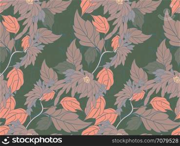 Aster flowers on vine diagonal with pink.Hand drawn floral seamless background.Botanical repainting design for fabric or textile.Seamless pattern with flowers.Vintage retro colors