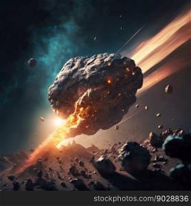 Asteroid flying in space. Generative AI. High quality illustration. Asteroid flying in space. Generative AI