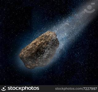 Asteroid speeding forward in deep space on starfield background