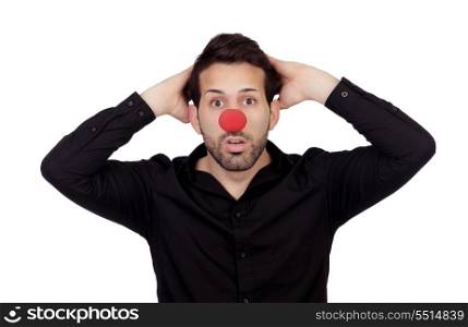 Astonished businessman with clown nose isolated on white background
