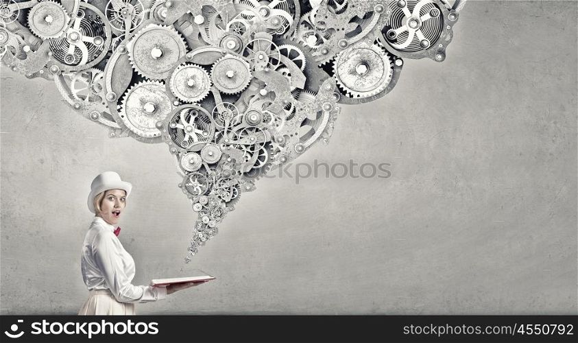 Astonished woman looking in book. Young woman in white hat with opened book in hands and gears flying out