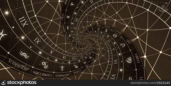 Astrological background with zodiac signs and symbol - black
