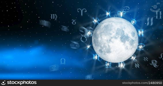 Astrological zodiac signs inside of horoscope circle. Astrology, knowledge of stars in the sky over the milky way and moon. The power of the universe concept.