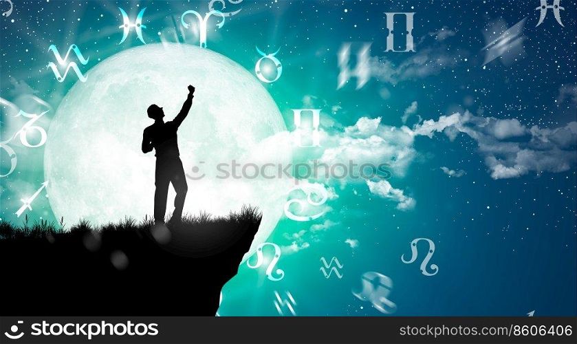 Astrological zodiac signs inside of horoscope circle. Illustration of Man silhouette consulting the stars and moon over the zodiac wheel and milky way background. The power of the universe concept.